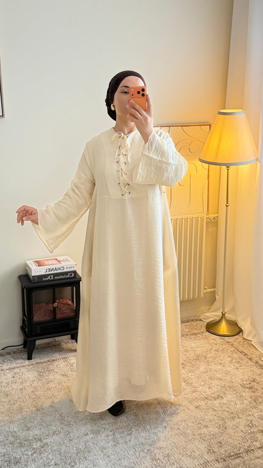 ROBE LONGUE MODEST CREME,TISSU CRINKLE,DOUBLEE,CEINTURE AMOVIBLE,COUPE FLUIDE