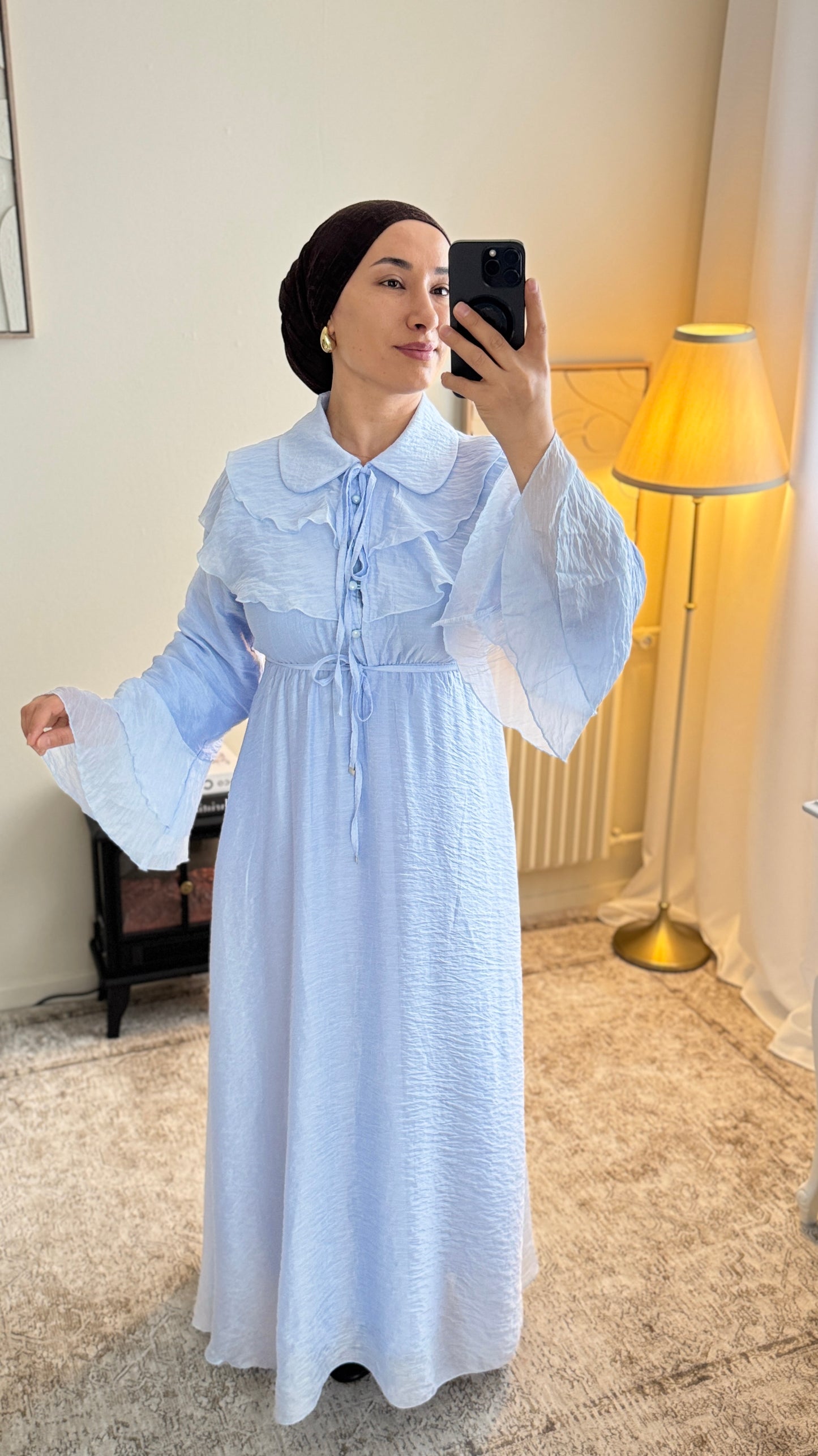 Robe Longue Modeste Bleu – Élégante, Fluide, Doublée, Style Romantique