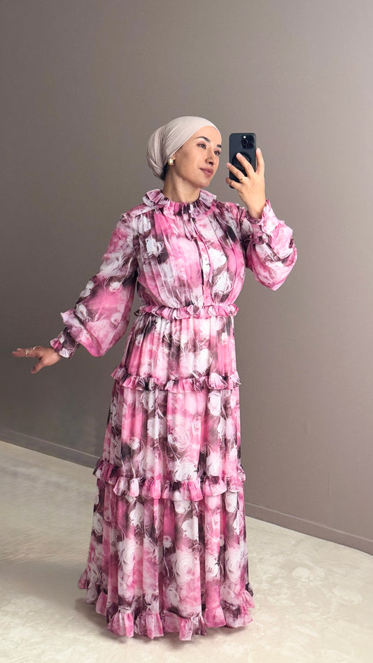 ROBE ROSE EN MOUSSELINE A VOLANTSET IMPRIME FLEURI-ELEGANCE FEMININE