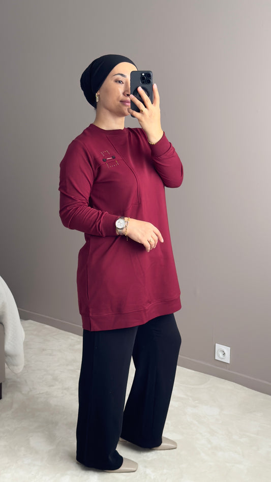 PULL LONG LEGER COULEUR BORDEAU