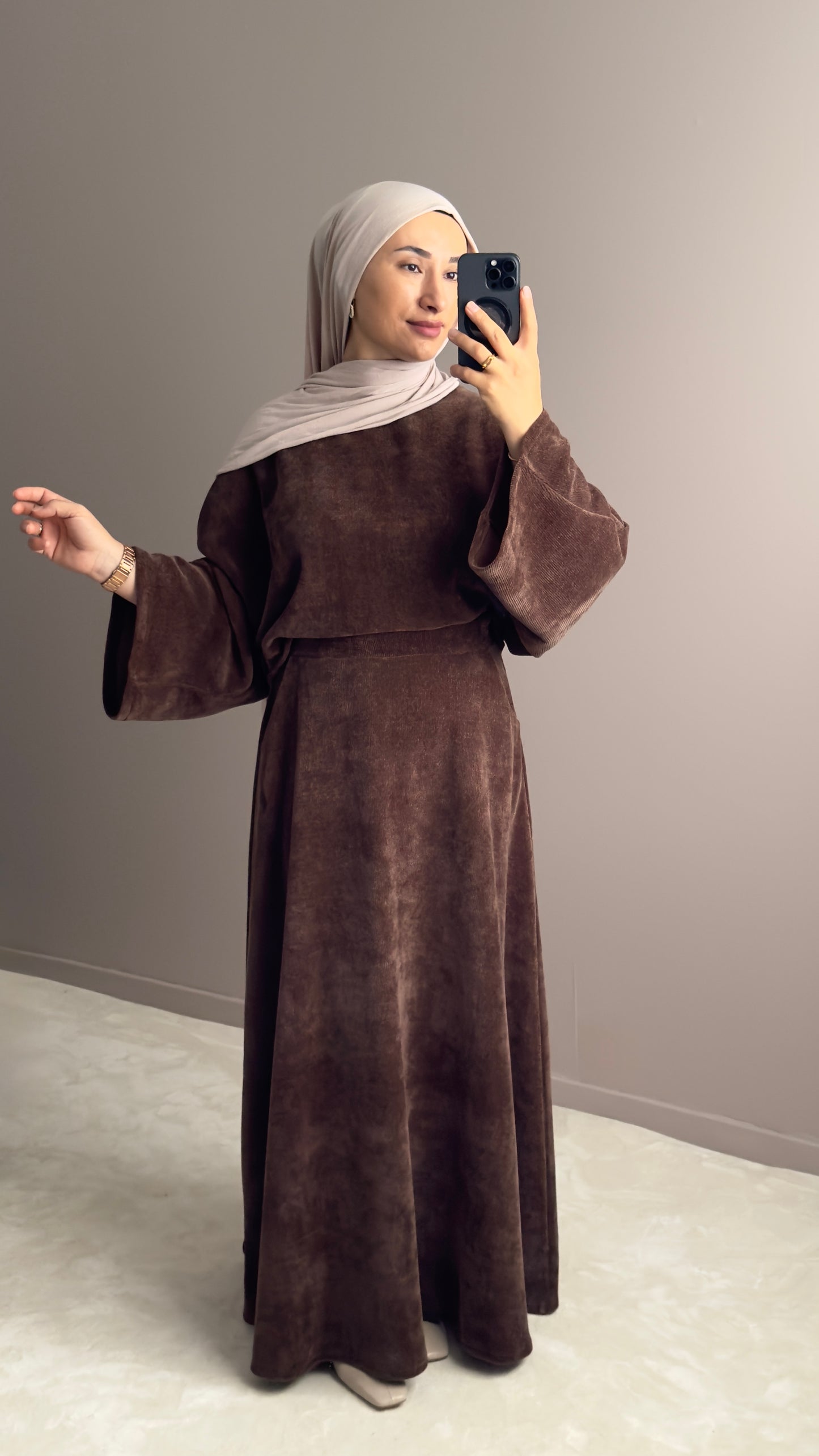 Ensemble femme velours – marron large et jupe maxi confortable