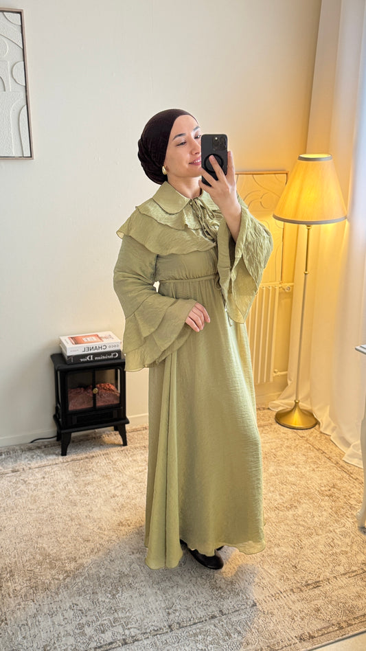 ROBE LONGUE MODESTE VERT DOUX-ELEGANTE,FLUIDE,DOUBLEE,STYLE ROMANTIQUE