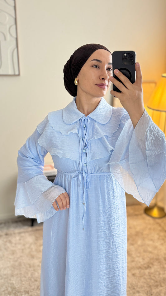 Robe Longue Modeste Bleu – Élégante, Fluide, Doublée, Style Romantique