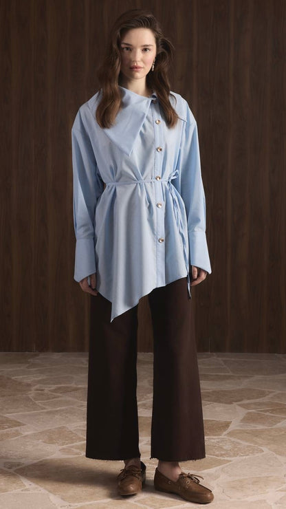Chemise Longue Femme Bleu Ciel Ceinturée – Chemise Élégante Oversize Boutonnée