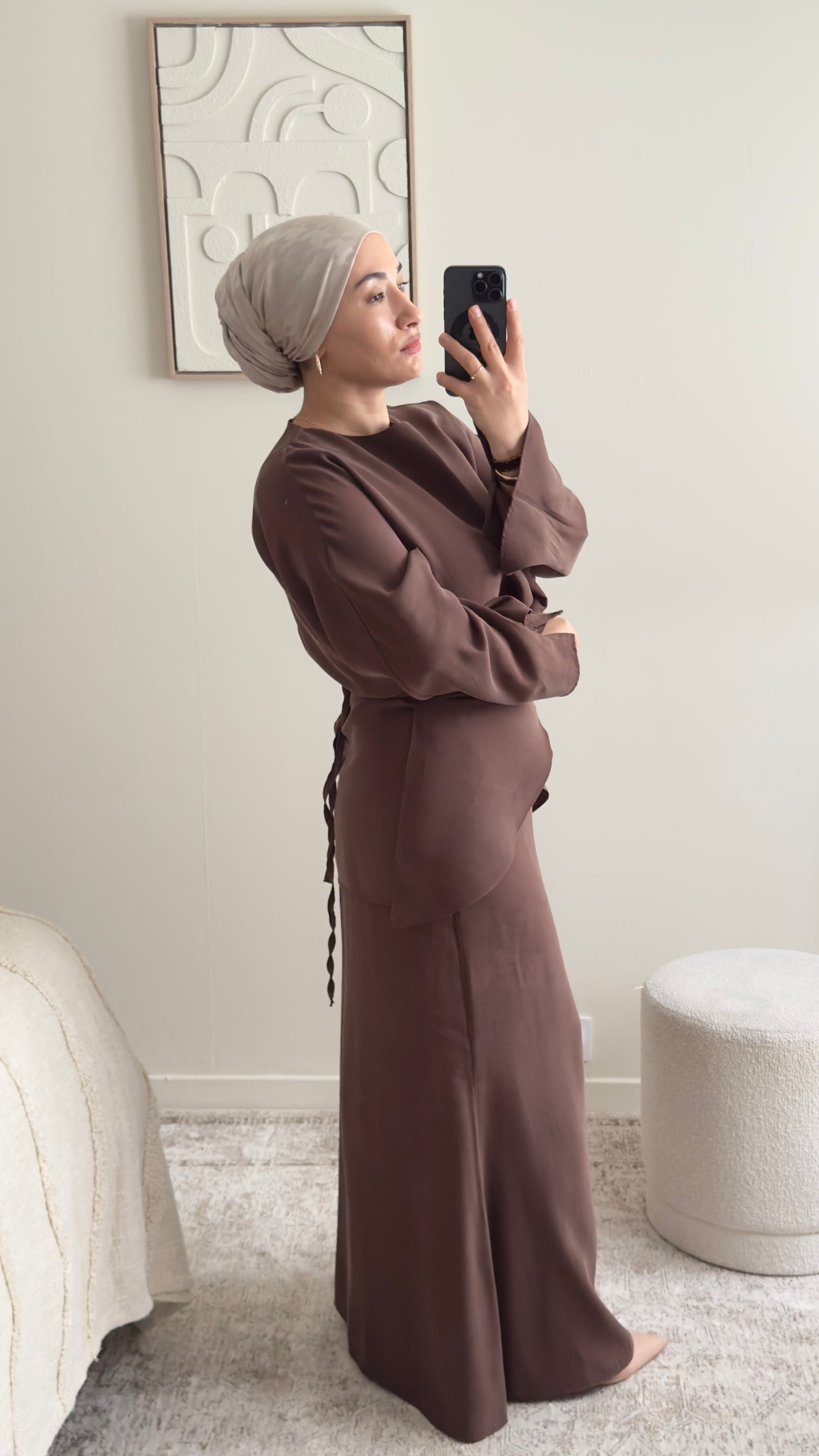 Ensemble Modeste Femme Marron en Tencel – Jupe Taille Haute & Blouse Croisée Ample Élégante