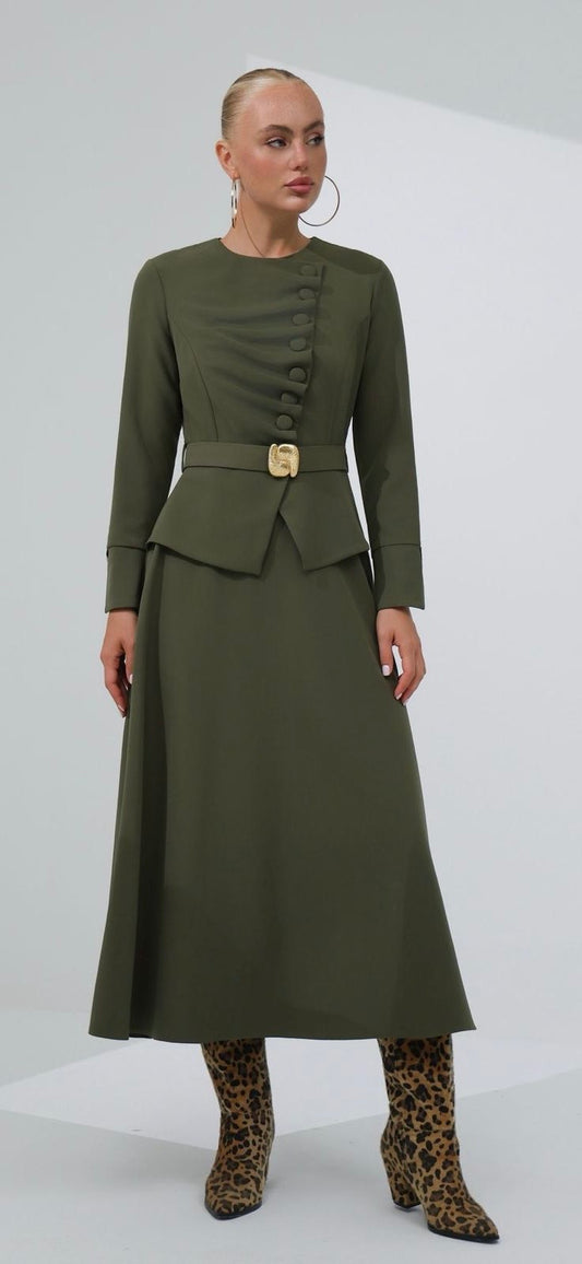 ROBE KAKI AVEC CEINTURE DORE