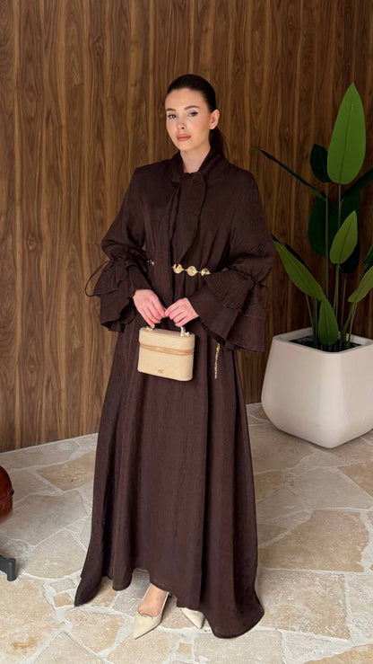 ROBE LONGUE MODEST JAUNE BEURRE-MOUSSELINE,DOUBLEE,MANCHES VOLANTEES,COUPE FLUIDE