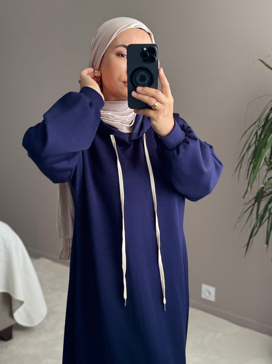 SWEAT LONG  BLEU AVEC CAPUCHE