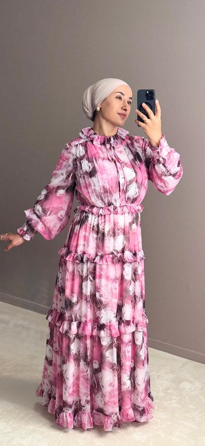 ROBE ROSE EN MOUSSELINE A VOLANTSET IMPRIME FLEURI-ELEGANCE FEMININE