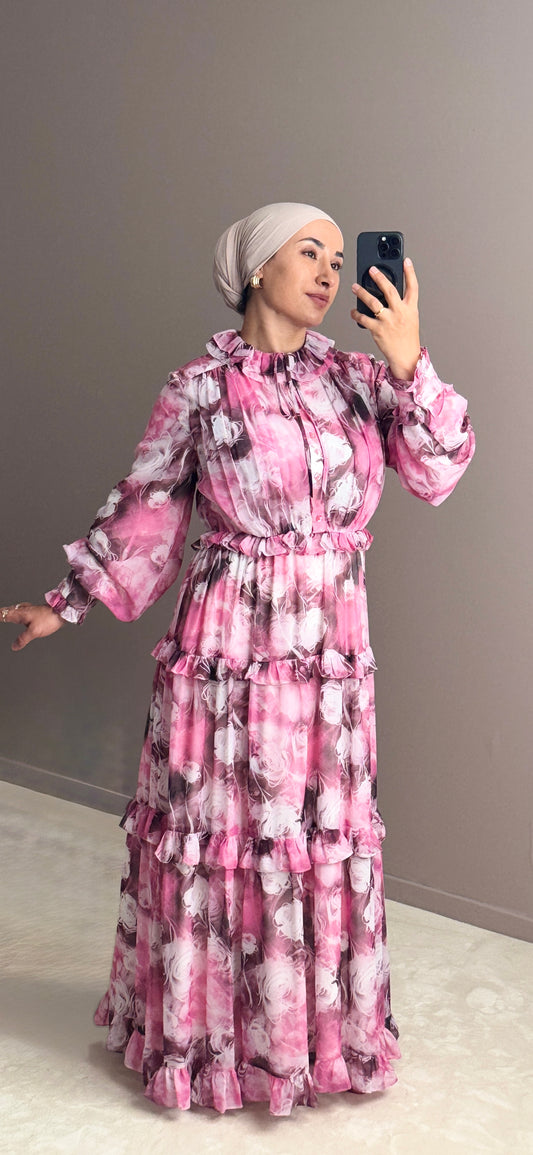 ROBE ROSE EN MOUSSELINE A VOLANTSET IMPRIME FLEURI-ELEGANCE FEMININE
