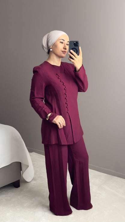 ENSEMBLE EN LIN BORDEAU