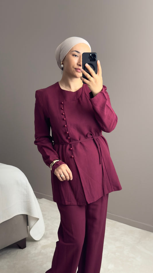 ENSEMBLE EN LIN BORDEAU