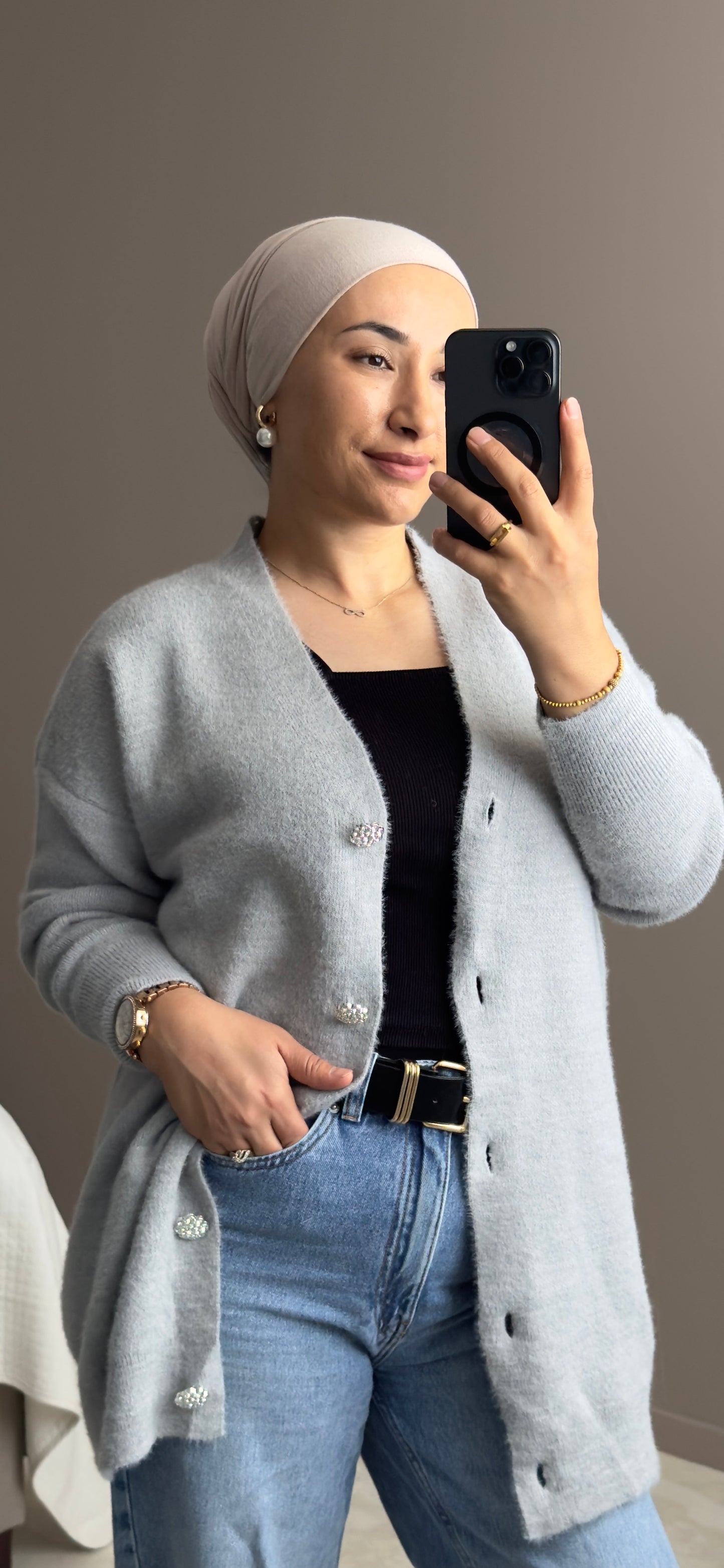 GILET BOUTONNE ANGORA ARGENTE