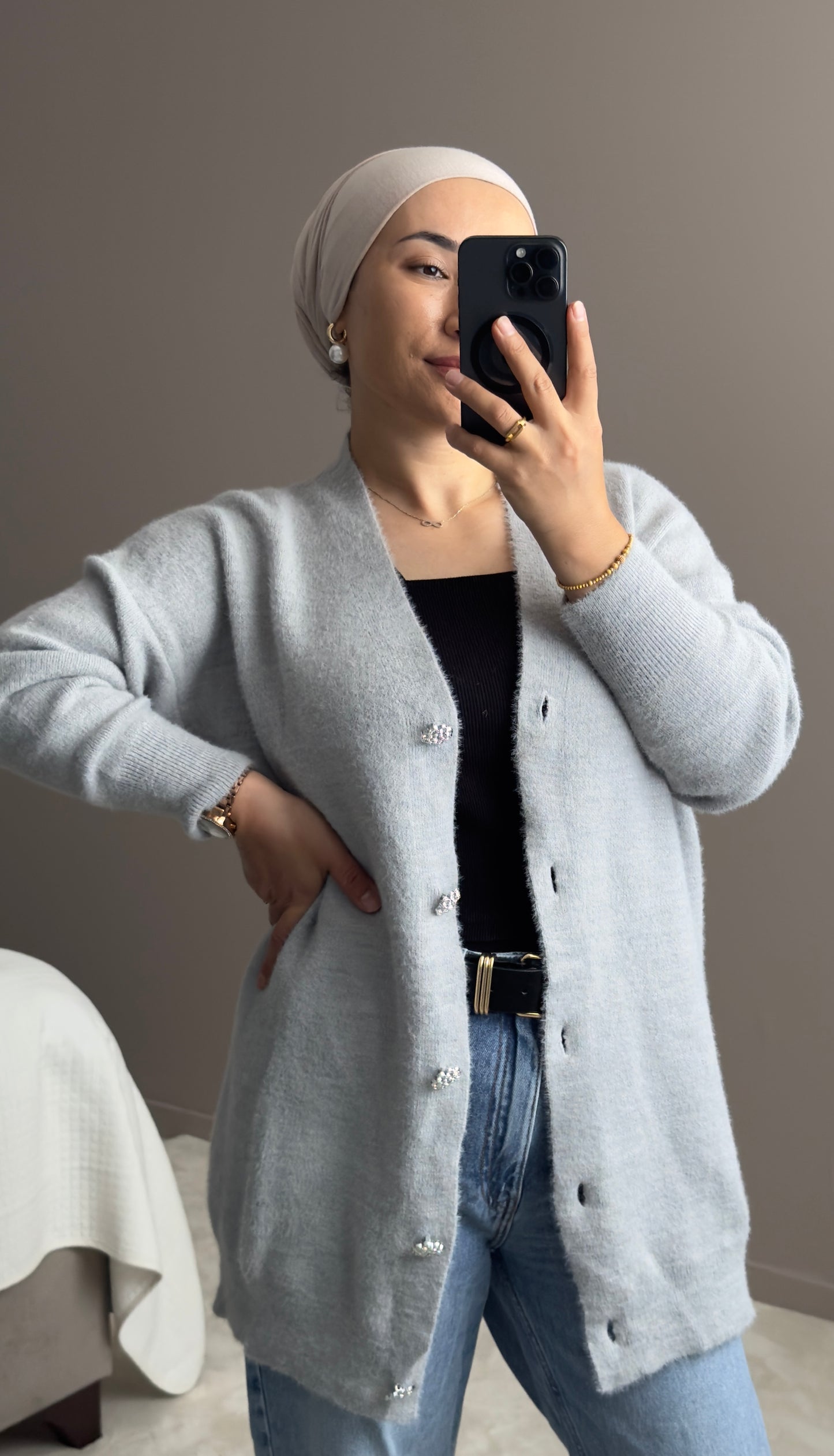 GILET BOUTONNE ANGORA ARGENTE