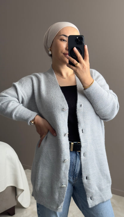 GILET BOUTONNE ANGORA ARGENTE