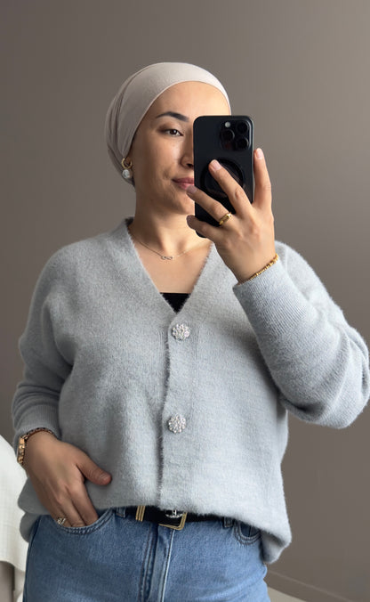 GILET BOUTONNE ANGORA ARGENTE