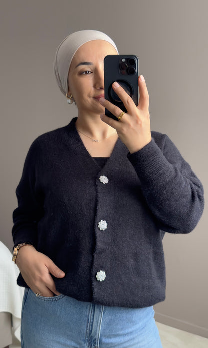 GILET BOUTONNE ANGORA EN NOIR