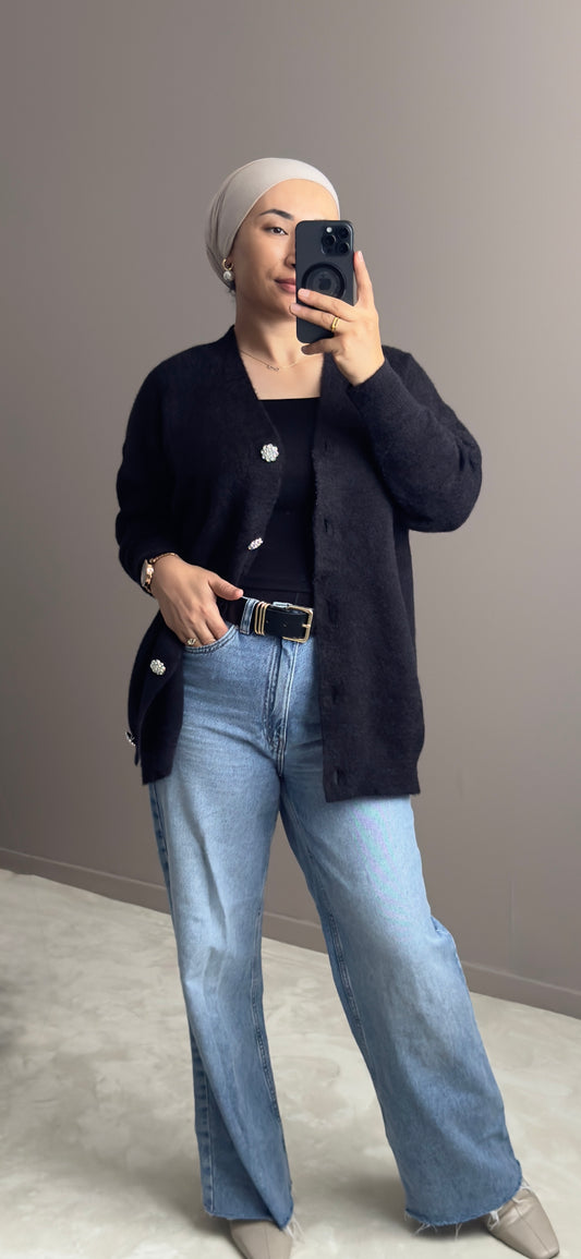 GILET BOUTONNE ANGORA EN NOIR