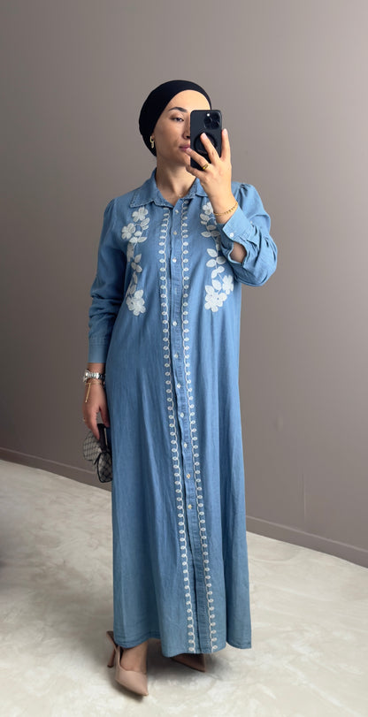ROBE-CHEMISE EN JEAN TENCEL BRODEE