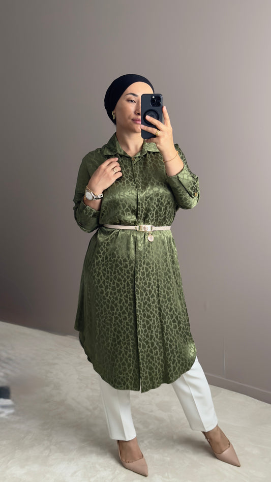 CHEMISE LONGUE SATINEE KAKI  AVEC CEINTURE ELEGANTE