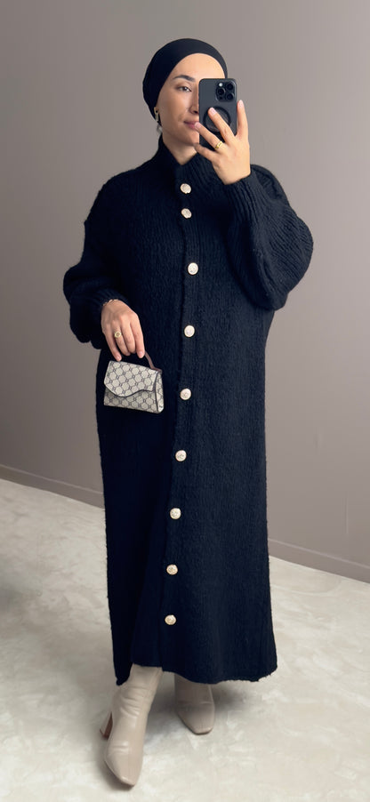CARDIGAN NOIR LONG EN LAINE A BOUTONS-ELEGANCE ET CONFORT