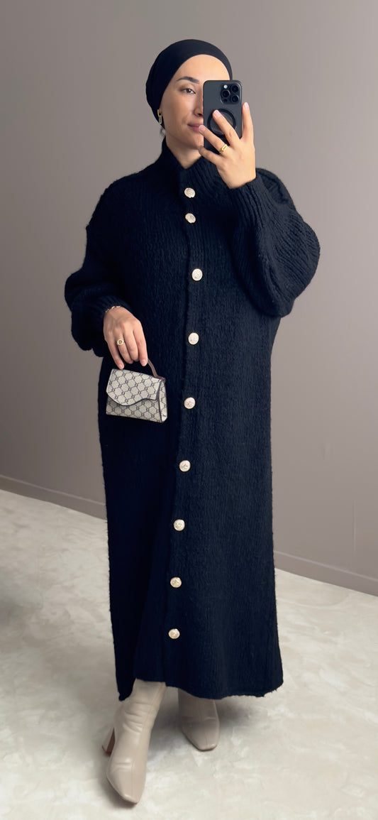 CARDIGAN NOIR LONG EN LAINE A BOUTONS-ELEGANCE ET CONFORT