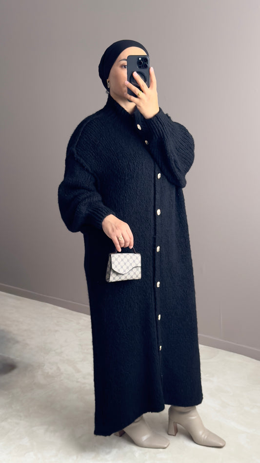 CARDIGAN NOIR LONG EN LAINE A BOUTONS-ELEGANCE ET CONFORT