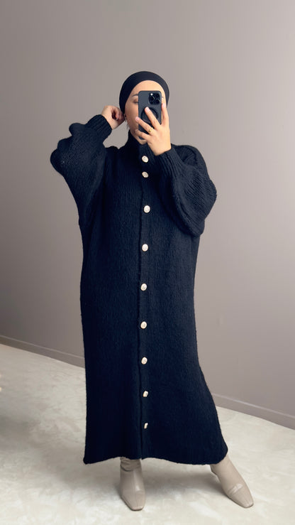 CARDIGAN NOIR LONG EN LAINE A BOUTONS-ELEGANCE ET CONFORT