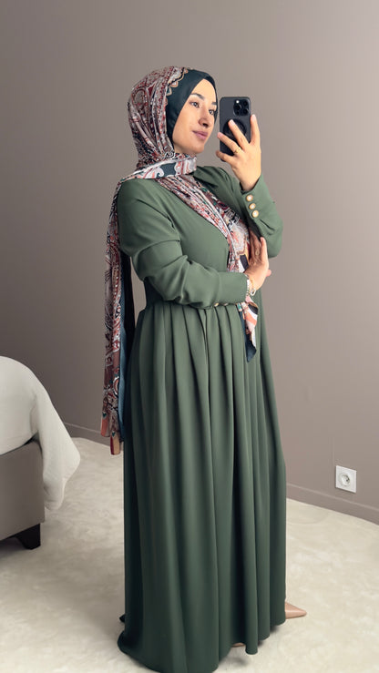 ROBE LONGUE ELEGANTE AVEC CEINTURE ET BOUTONS DORES