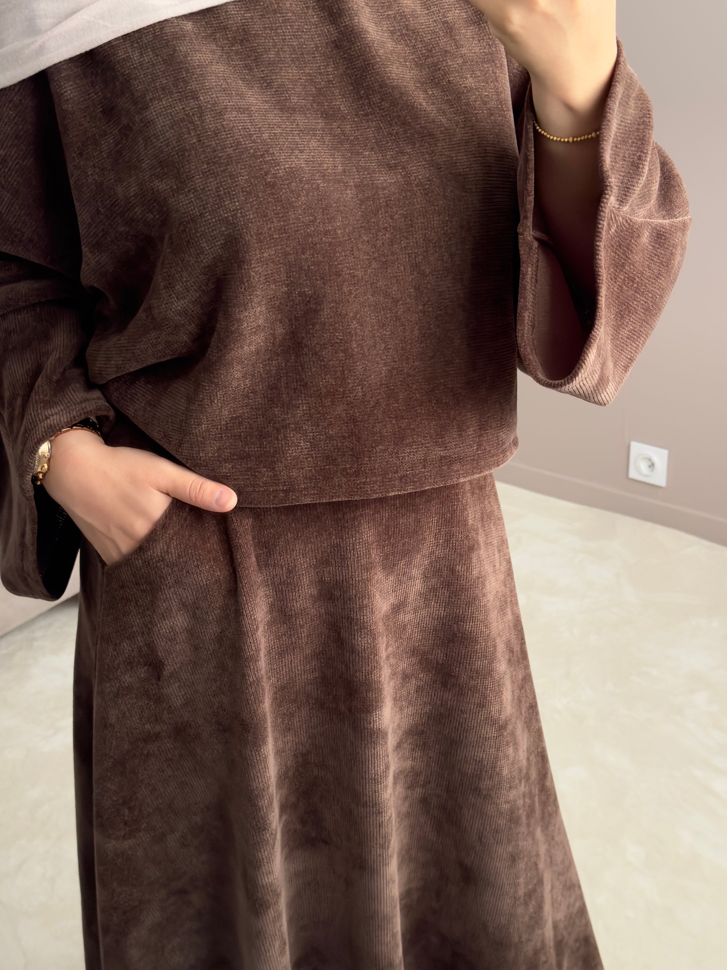Ensemble femme velours – marron large et jupe maxi confortable