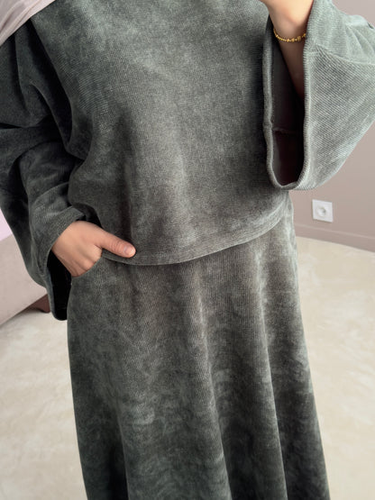 Ensemble femme velours – top large et jupe maxi confortable