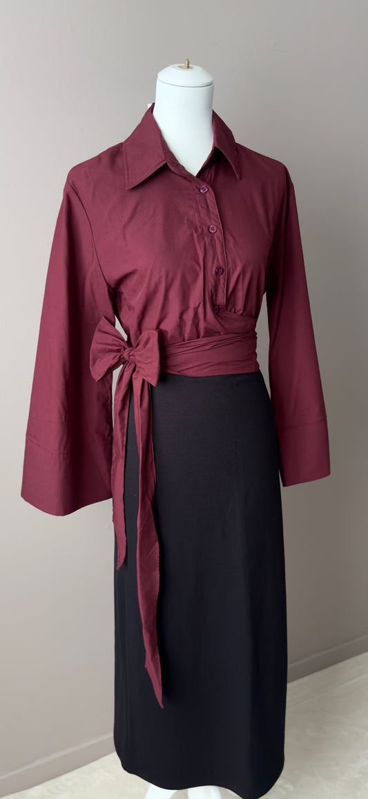 CHEMISE PORTEFEUILLE FEMME BORDEAUX AVEC NOEUD