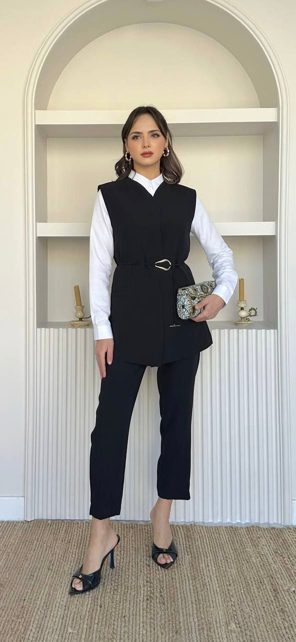 ENSEMBLE CHIC AVEC VESTE LONGUE SANS MANCHES ET CEINTURE