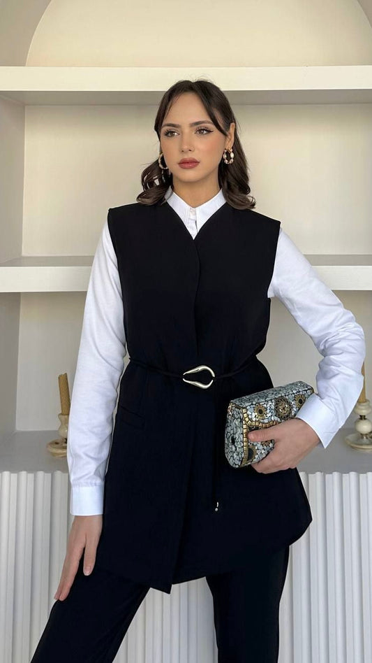 ENSEMBLE CHIC AVEC VESTE LONGUE SANS MANCHES ET CEINTURE