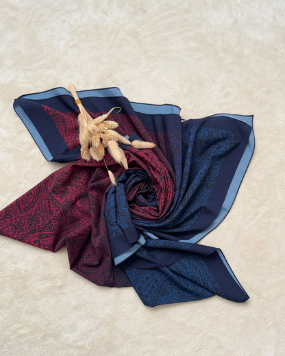 CHALE ELEGANT BORDEAUX ET BLEU-MOTIF PAISLEY MODERNE-ETNIK DESEN IKI RENK SAL