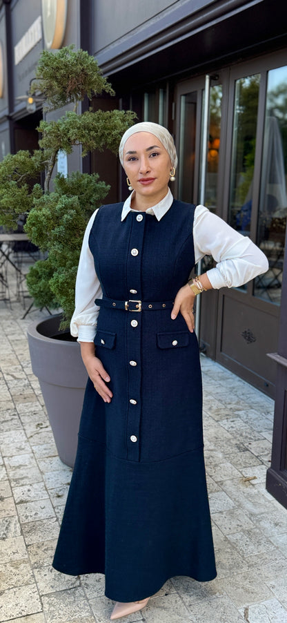 ROBE LONGUE SANS MANCHES AVEC CEINTURE ET DES BOUTONS DORES-TUVIT SIMLI ELBISE