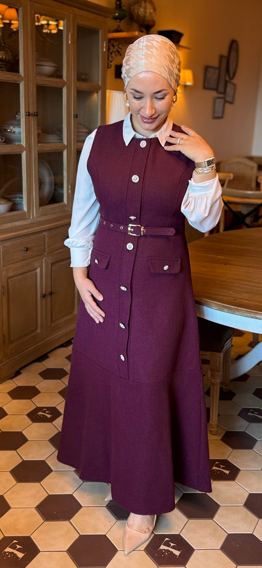 ROBE LONGUE SANS MANCHES AVEC CEINTURE ET DES BOUTONS DORES-TUVIT SIMLI ELBISE