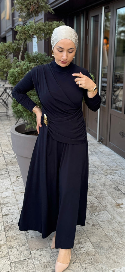 ROBE HIJAB CHIC COULEUR NOIR -SIYAH DRAPELI ALTIN TOKALI UZUN ELBISE
