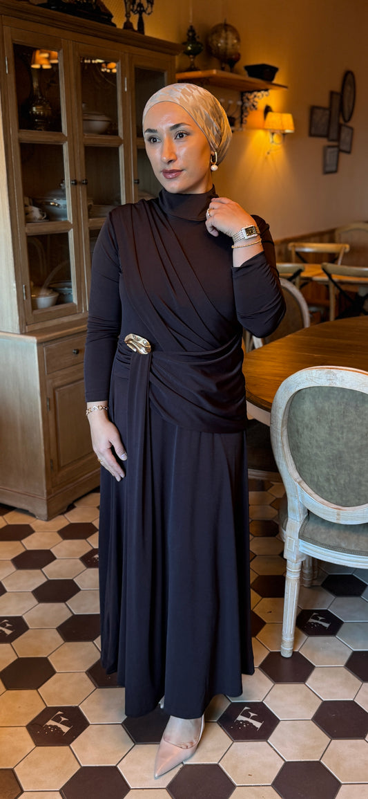 ROBE HIJAB CHIC COULEUR MARRON -KAHVERENGI DRAPELI ALTIN TOKALI UZUN ELBISE