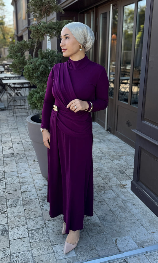 ROBE HIJAB CHIC COULEUR PRUNE -MURDUM DRAPELI ALTIN TOKALI UZUN ELBISE