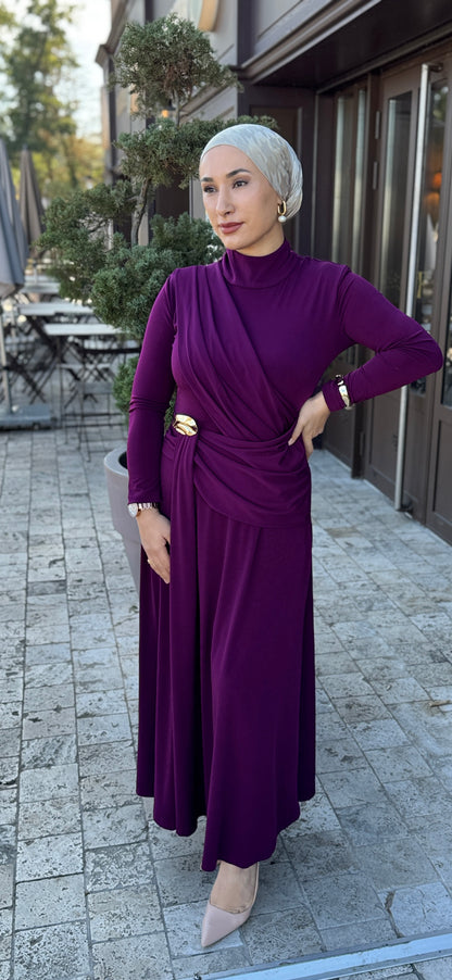 ROBE HIJAB CHIC COULEUR PRUNE -MURDUM DRAPELI ALTIN TOKALI UZUN ELBISE