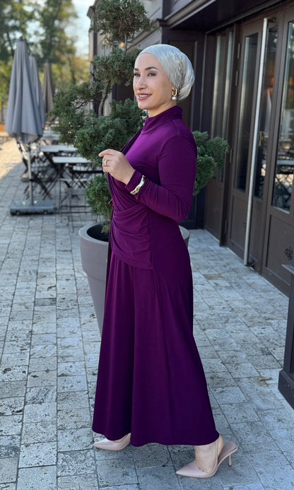 ROBE HIJAB CHIC COULEUR PRUNE -MURDUM DRAPELI ALTIN TOKALI UZUN ELBISE