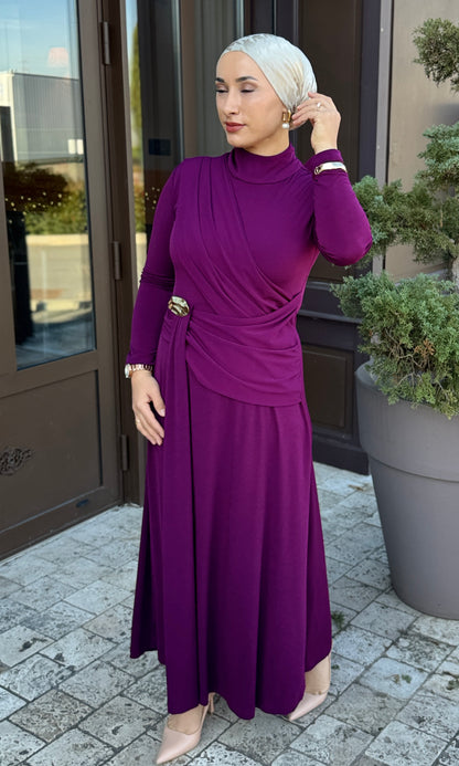 ROBE HIJAB CHIC COULEUR PRUNE -MURDUM DRAPELI ALTIN TOKALI UZUN ELBISE