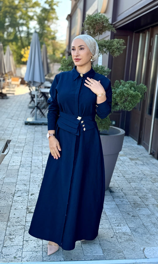 ROBE HIJAB CHIC AVEC CEINTURE-LACIVERT TESETTUR ELBISE