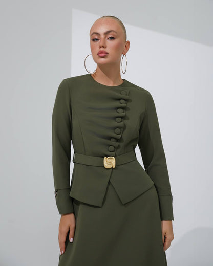 ROBE KAKI AVEC CEINTURE DORE