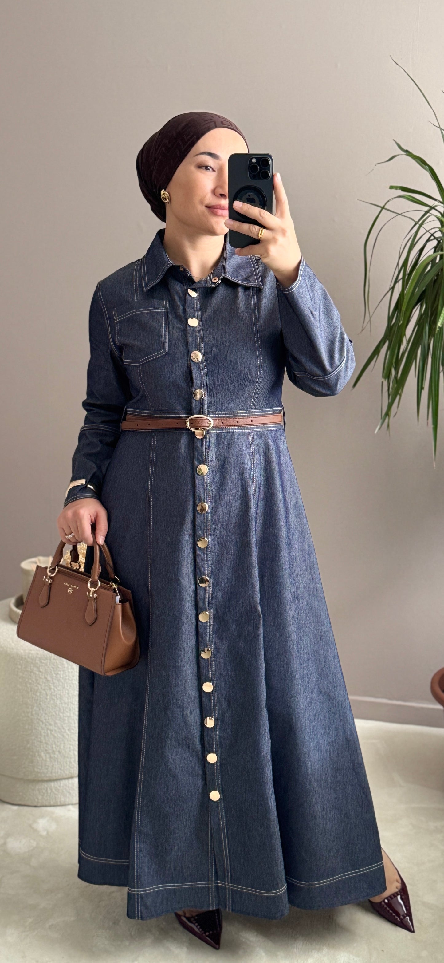 ROBE LONGUE EN JEAN AVEC CEINTURE-KEMERLI UZUN KOT ELBISE