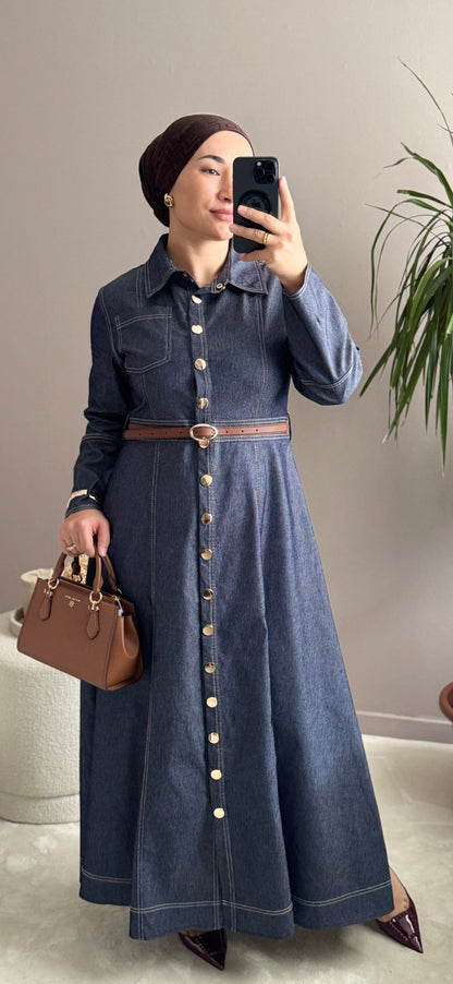ROBE LONGUE EN JEAN AVEC CEINTURE-KEMERLI UZUN KOT ELBISE