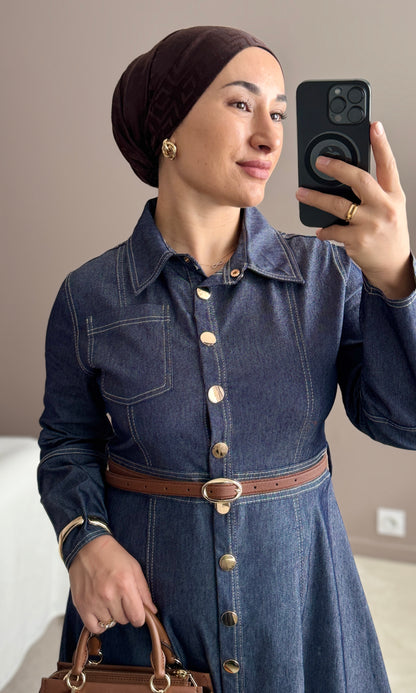 ROBE LONGUE EN JEAN AVEC CEINTURE-KEMERLI UZUN KOT ELBISE