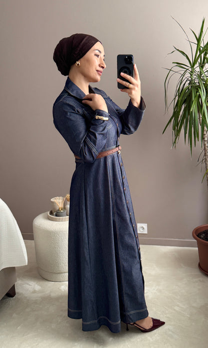 ROBE LONGUE EN JEAN AVEC CEINTURE-KEMERLI UZUN KOT ELBISE